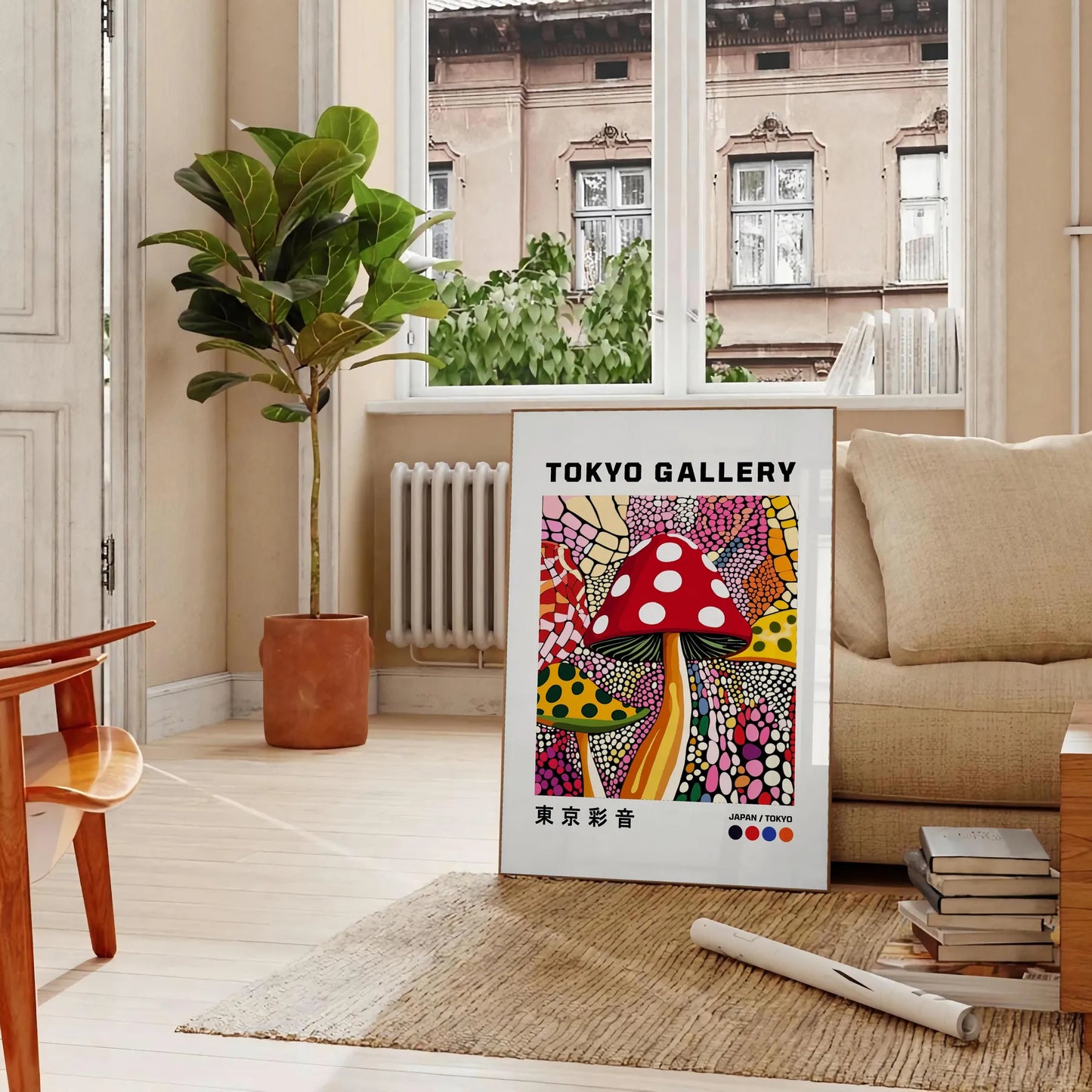 striking Japanese mushroom poster vibrant red black hues art piece tradition modern design space decor available sizes A4 cm A0