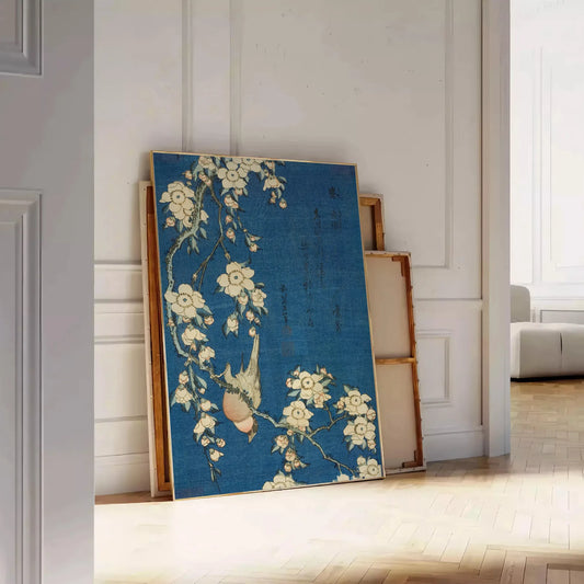 captivating Hokusai Bullfinch Weeping Cherry poster blue rich brown hues art lovers nature enthusiasts exquisite piece traditional beauty modern elegance