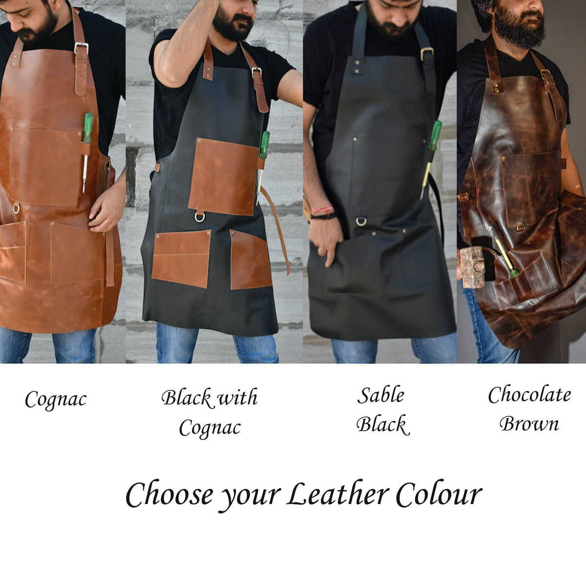 May include: Four leather aprons in different colors: cognac, black with cognac, sable black, and chocolate brown. Each apron has multiple pockets and adjustable straps. Choose your leather color.