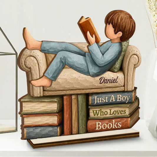 A Girl Boy Who Loves Books Wood Carving Style - Personalized Custom Shaped Wooden Plaque - Christmas Gift For Book Lover, Bookworm