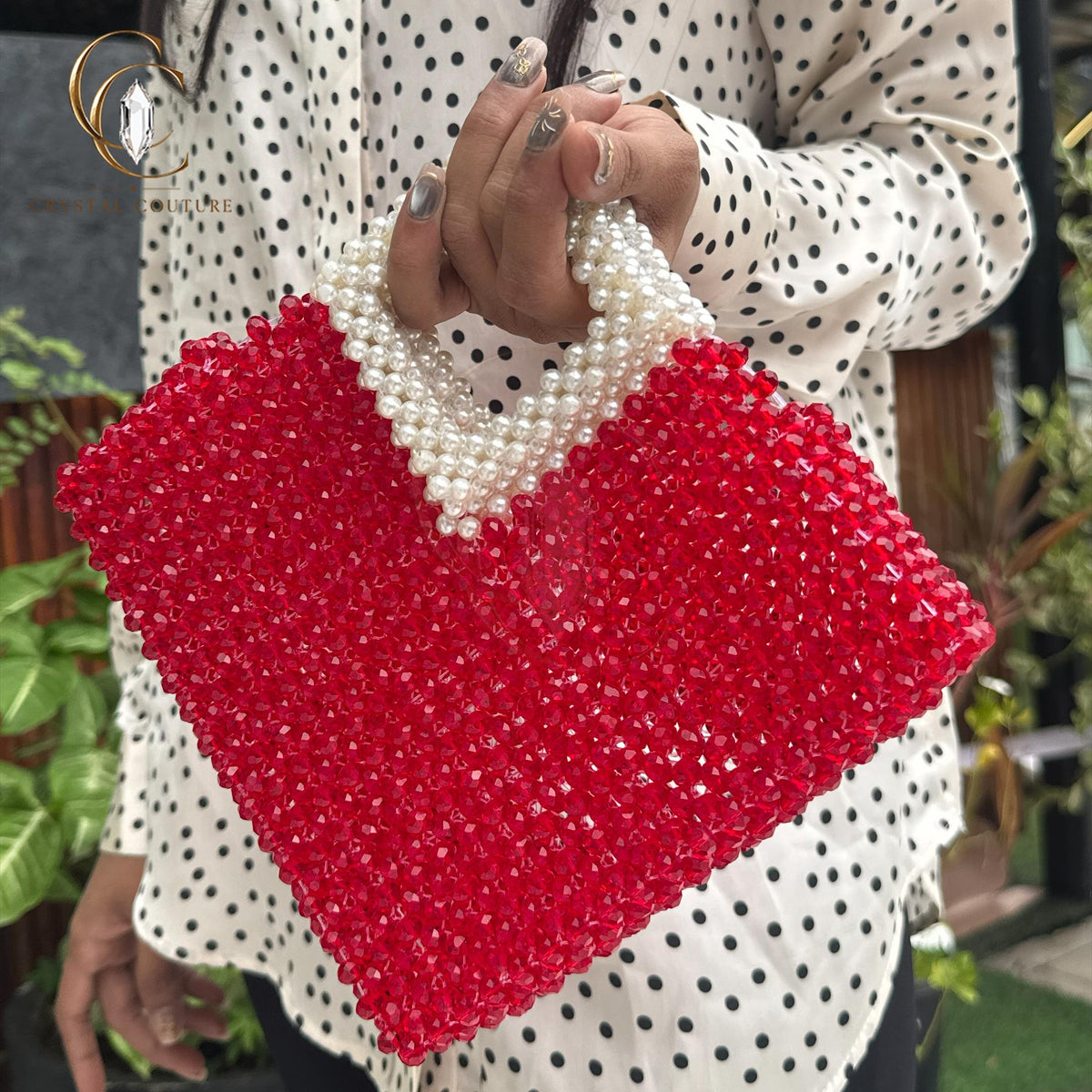Red Glass Crystal Beaded Purse Pearl Handle Luxury Evening Handbag Wedding Party Bridal Accessory