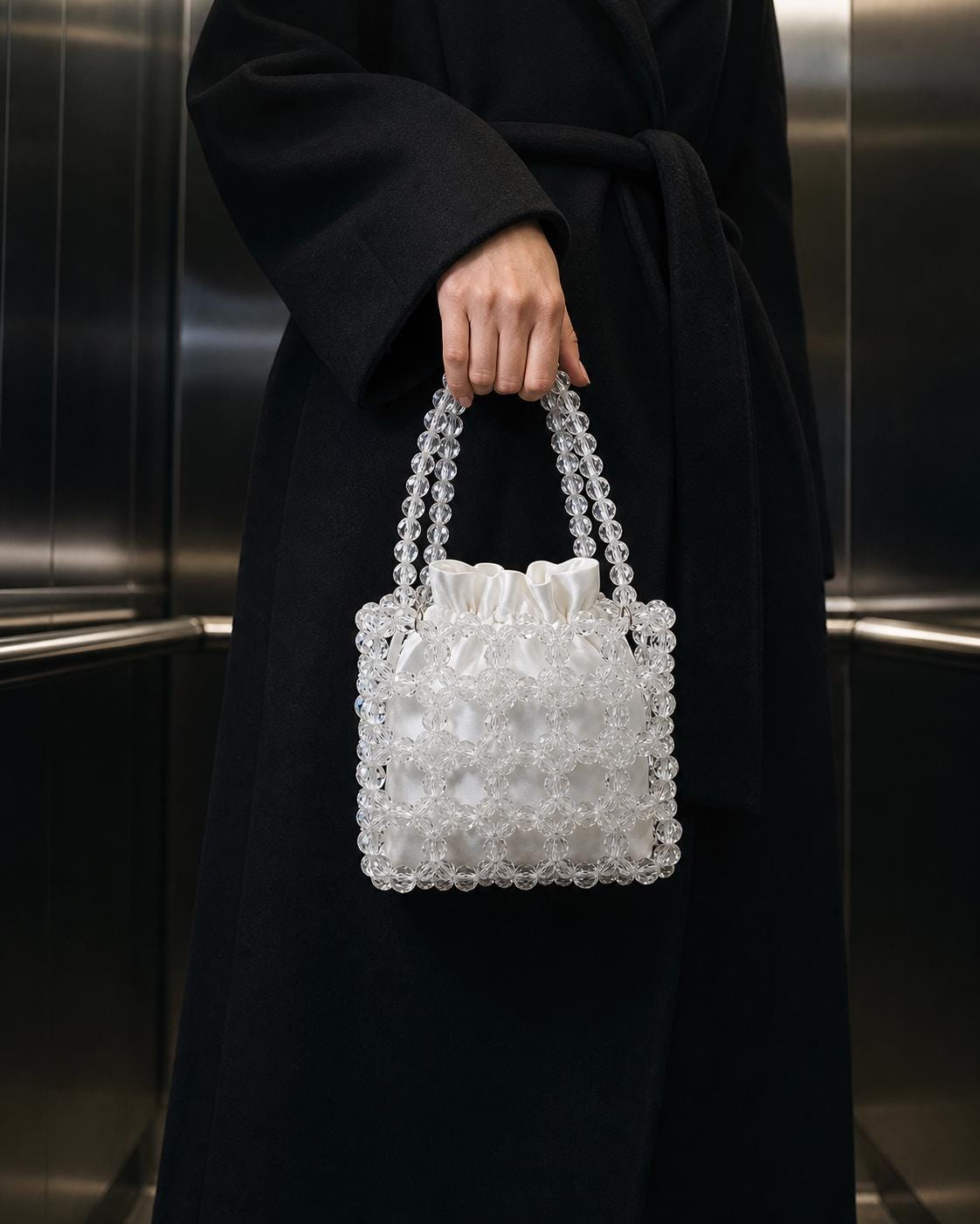 Luxury Clear Glass Crystal Beaded Bucket Bag White Satin Lined Evening Drawstring Handbag Bridal