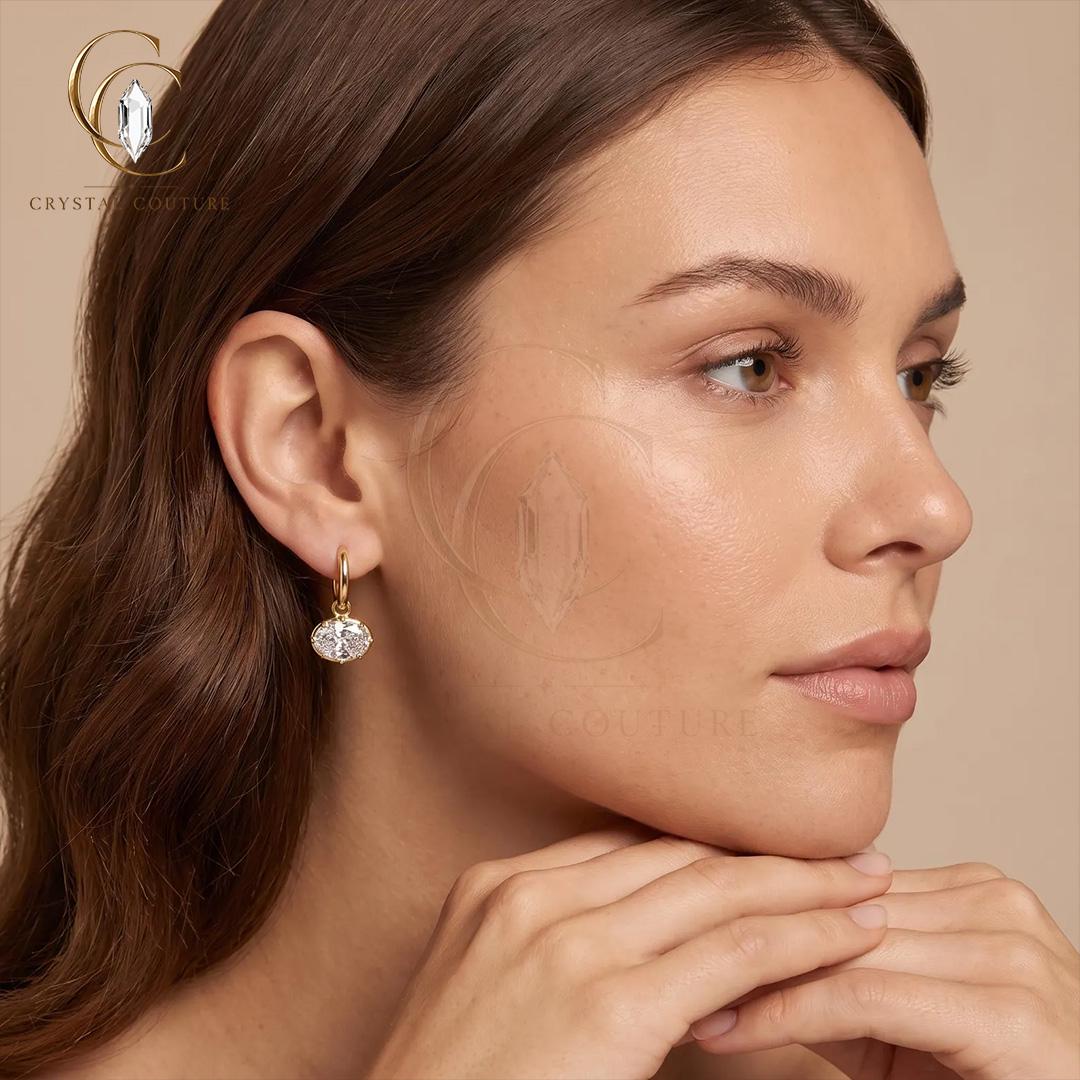 Gold Oval Drop Earrings Solid Gold Sparkling Stone Dangle Jewelry Wedding Party Gift Women