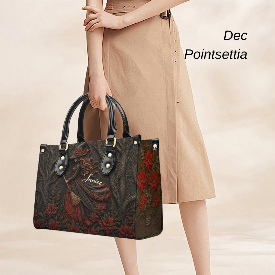 Personalized Birth Flower Witch Handbag, Custom Name Gothic Leather Purse, Halloween Gift for Women