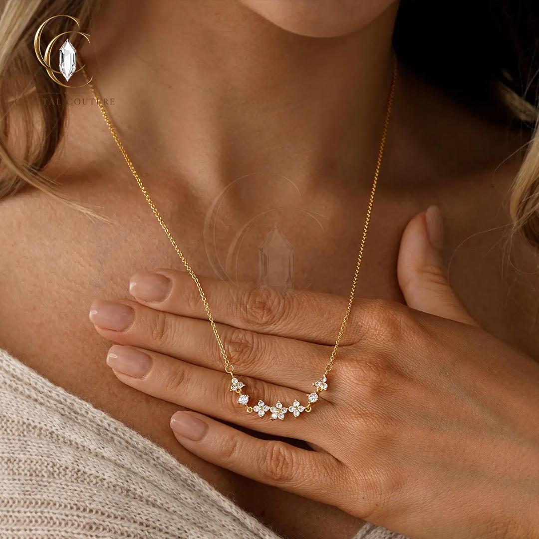 Floral Cluster Necklace Lab Grown Diamond Moissanite Solid Gold Pendant Bridal Wedding Jewelry Gift