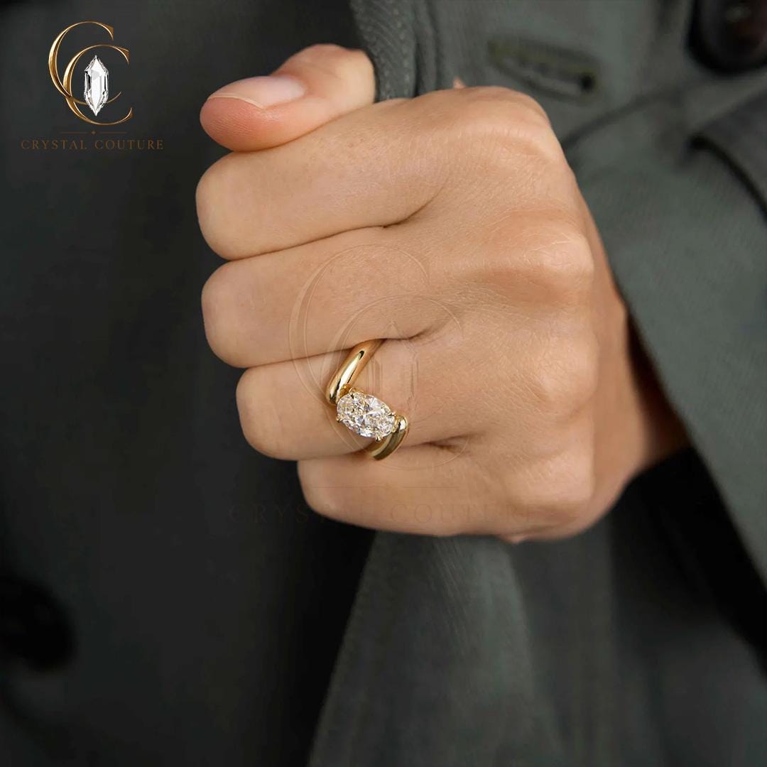 Timeless Oval Bypass Ring Solid Gold Lab Grown Diamond Moissanite Statement Bridal Wedding Gift