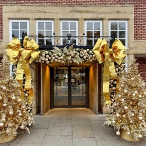 Giant gold bow 50 inch with 78 inch long tails, large decorative bow for Christmas, wedding, gift wrapping, party or event decor