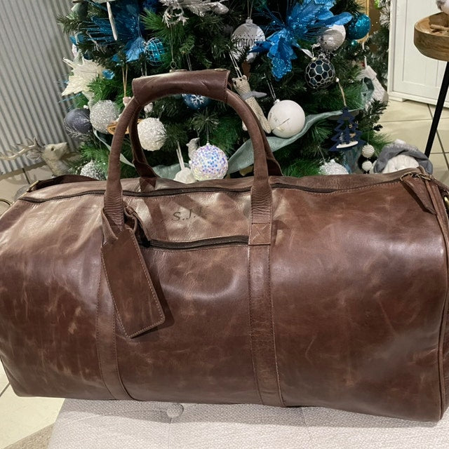 Full Grain Leather Duffel Bags, Monogrammed leather weekender bags, Leather overnight bags holdall Personalized Christmas weekend travel bag