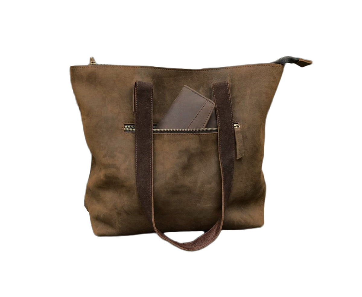 May include: A brown leather tote bag with a zipper closure and two top handles. A smaller brown leather wallet is tucked into the front pocket of the bag.