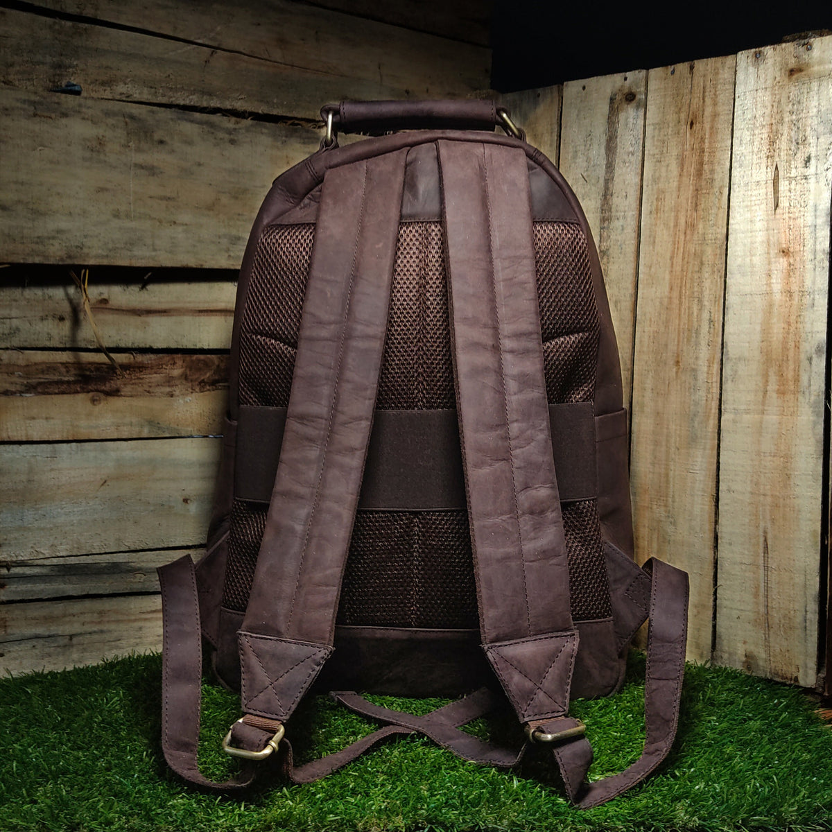 May include: A brown leather backpack with adjustable straps and a mesh back panel. The backpack is sitting on a green grassy surface.