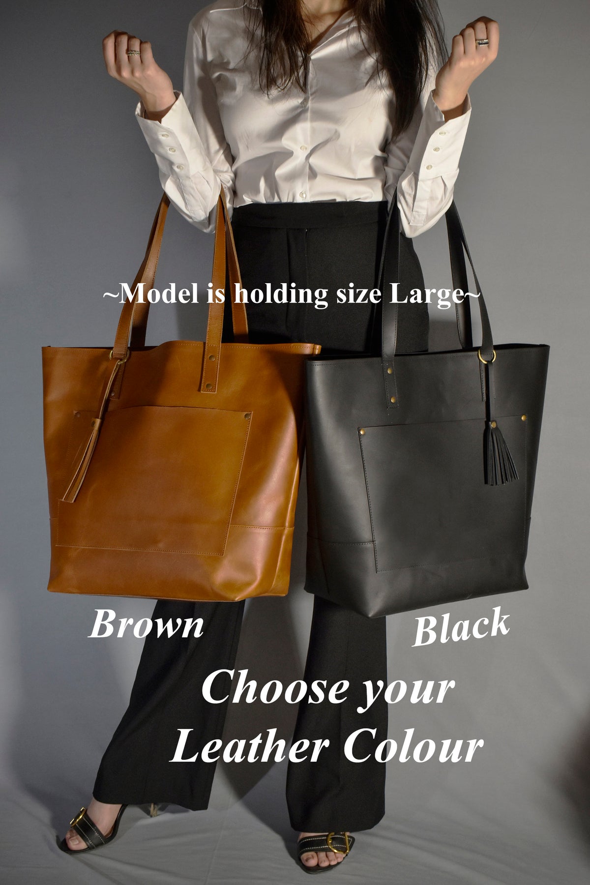May include: Two large leather tote bags, one brown and one black, with a front pocket and a tassel.  The text "Model is holding size Large" and "Choose your Leather Colour" is visible below the bags.