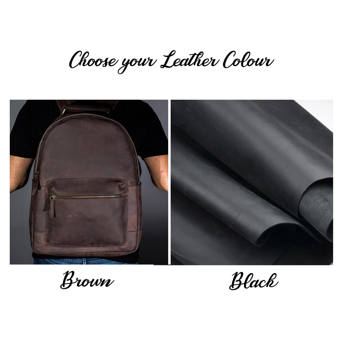 May include: A brown leather backpack with a zippered pocket on the front. Choose your leather color: Brown or Black.