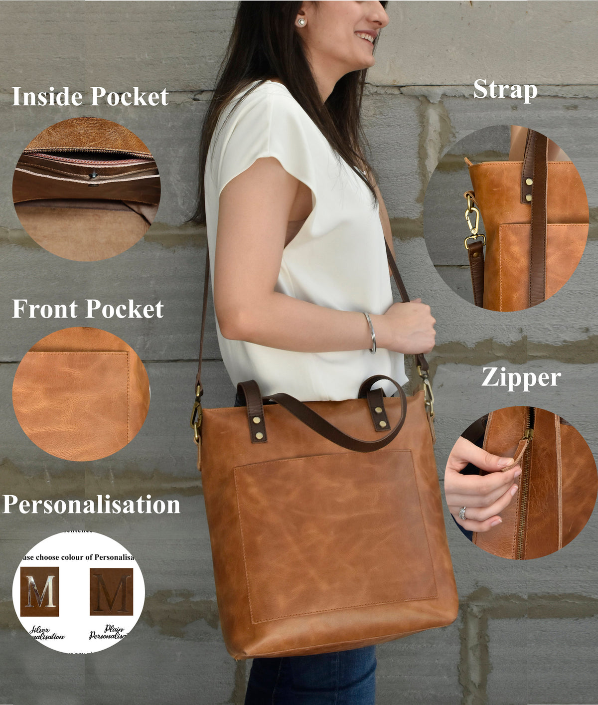 May include: A tan leather tote bag featuring a front pocket, dark brown shoulder straps, and a top zipper closure. Insets show the interior pocket, the strap attachment with metal hardware, the front pocket detail, and personalization options.