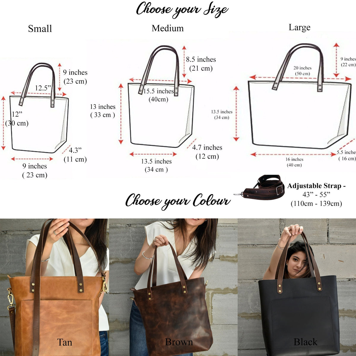 May include: A set of three tote bags in tan, brown, and black, shown with size charts for small, medium, and large options. Dimensions range from 9 to 20 inches in width and 12 to 13.5 inches in height. Includes an adjustable strap 43 to 55 inches long.