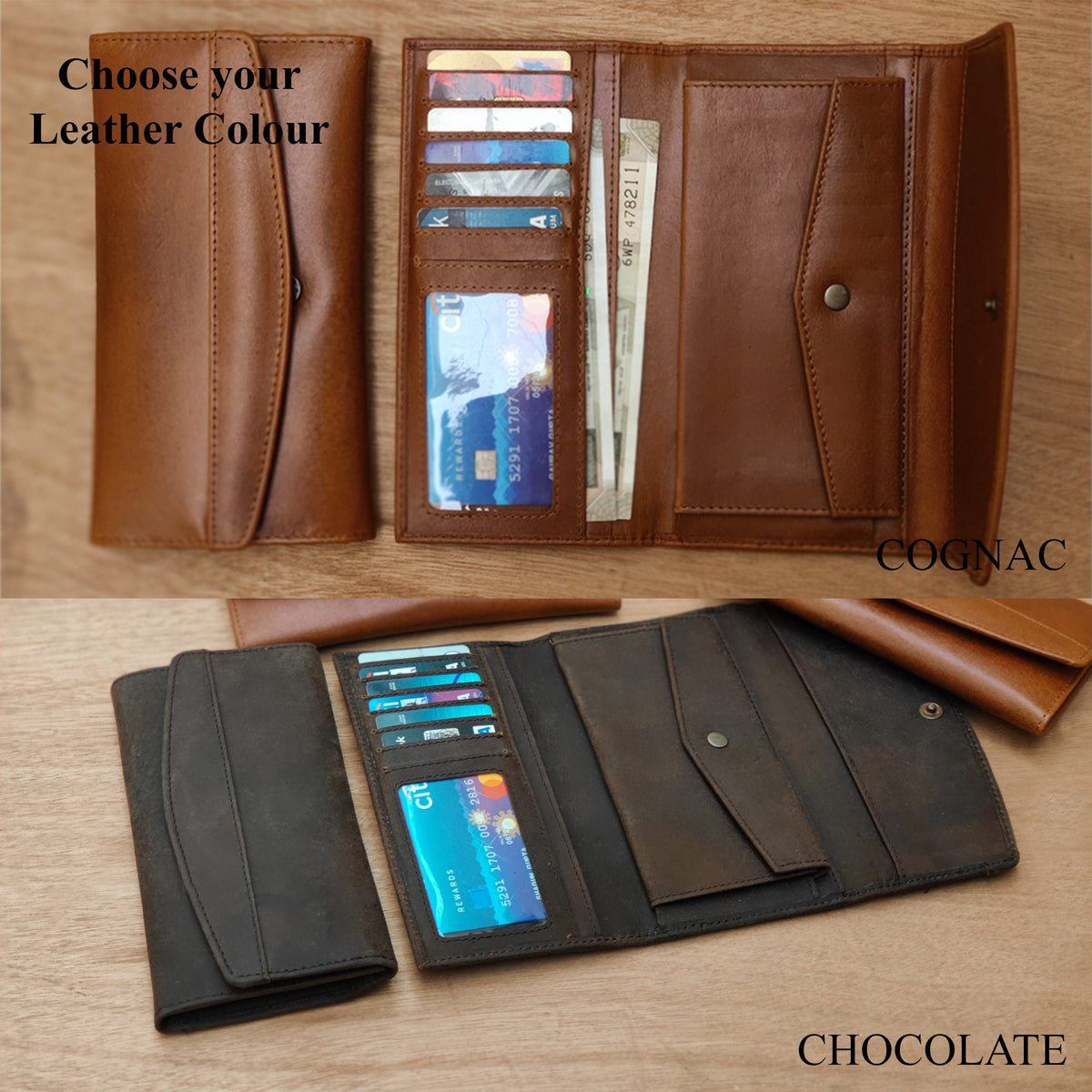 May include: Two leather wallets, one brown and one black, are open to show the interior. The brown wallet is labeled "COGNAC" and the black wallet is labeled "CHOCOLATE". Both wallets have multiple card slots and a billfold.