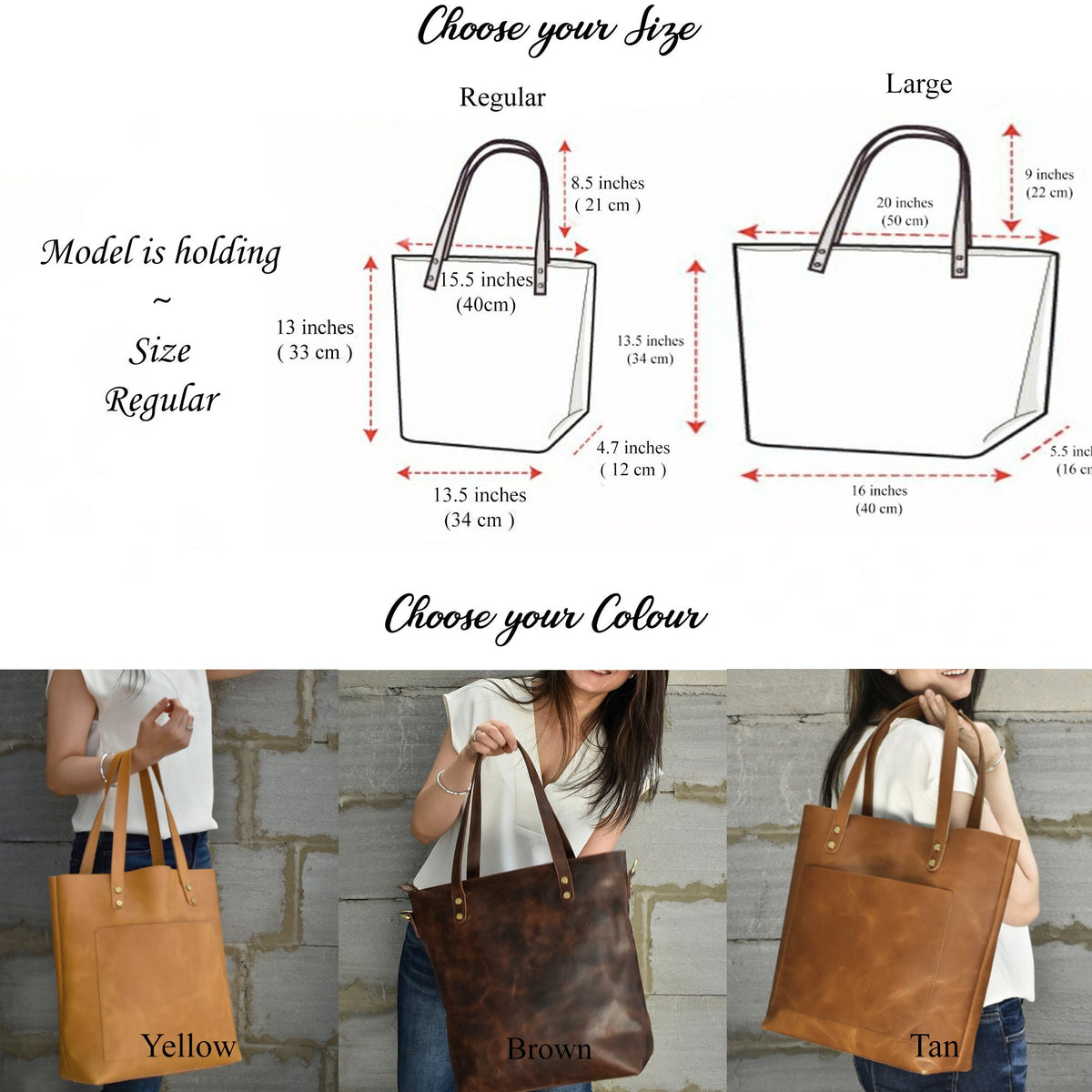 May include: The image showcases leather tote bags in yellow, brown, and tan. The "Regular" size is 13.5 inches (34 cm) wide, 13 inches (33 cm) tall, and 4.7 inches (12 cm) deep. The "Large" size is 16 inches (40 cm) wide, 20 inches (50 cm) tall, and 5.5 inches (16 cm) deep.