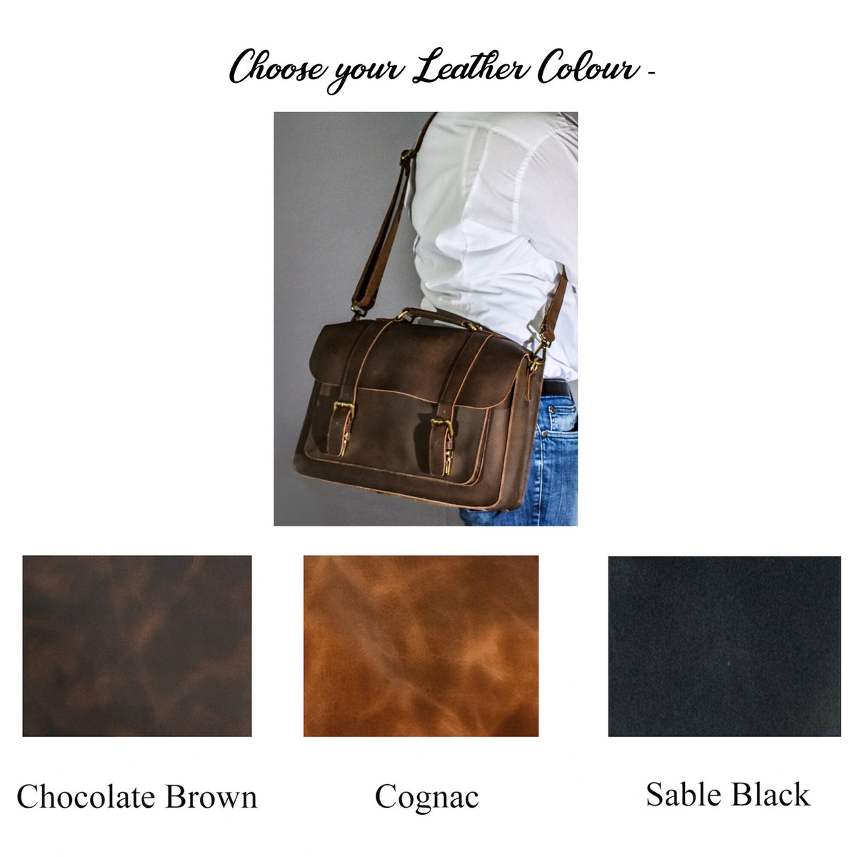 May include: Choose your leather color - Chocolate Brown, Cognac, Sable Black. Three leather swatches are shown.