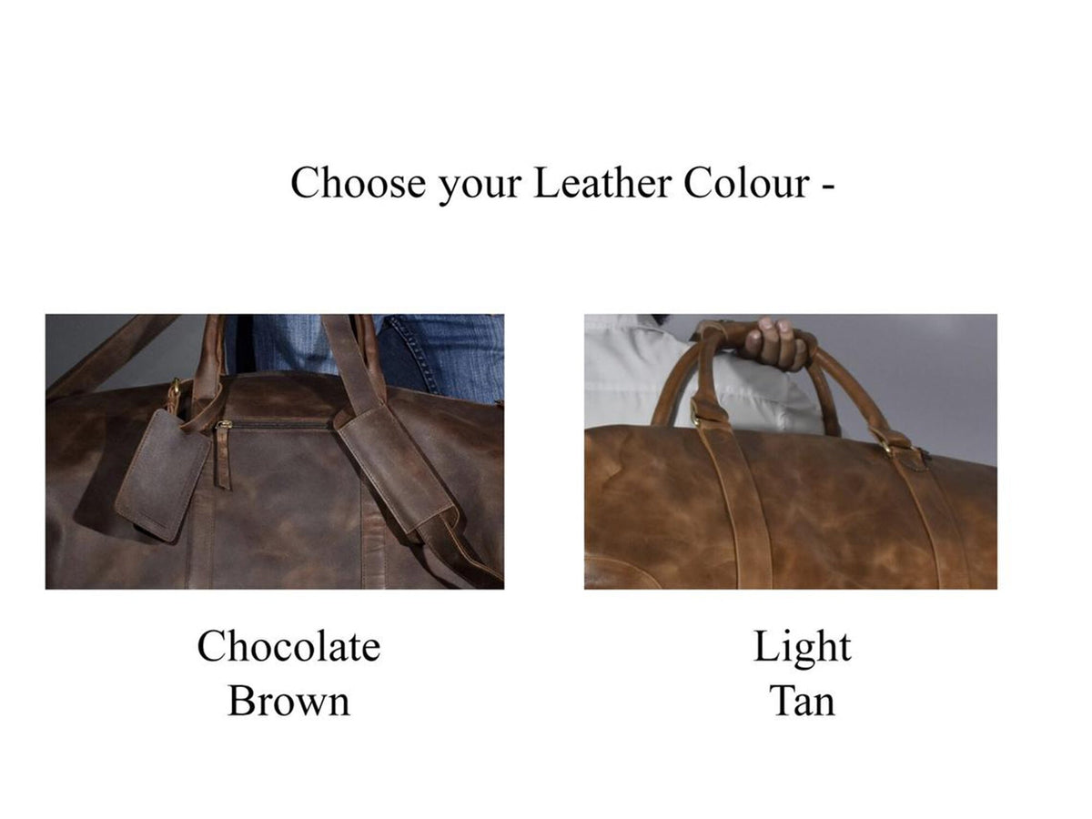 May include: Two leather duffel bags, one in chocolate brown and one in light tan. Choose your leather color - Chocolate Brown or Light Tan.