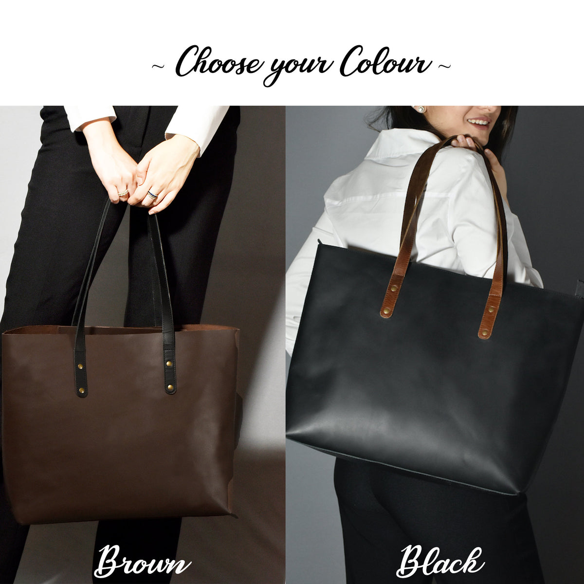 May include: Two tote bags, one brown and one black, with brown leather handles and gold accents. Choose your color: Brown or Black.