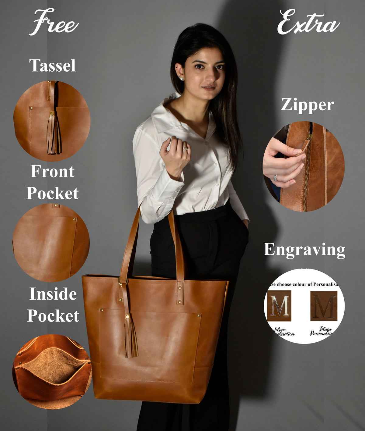 May include: A brown leather tote bag with a front pocket, inside pocket, and a tassel. The bag has a zipper closure and can be personalized with an engraved letter. The bag is shown being held by a person.