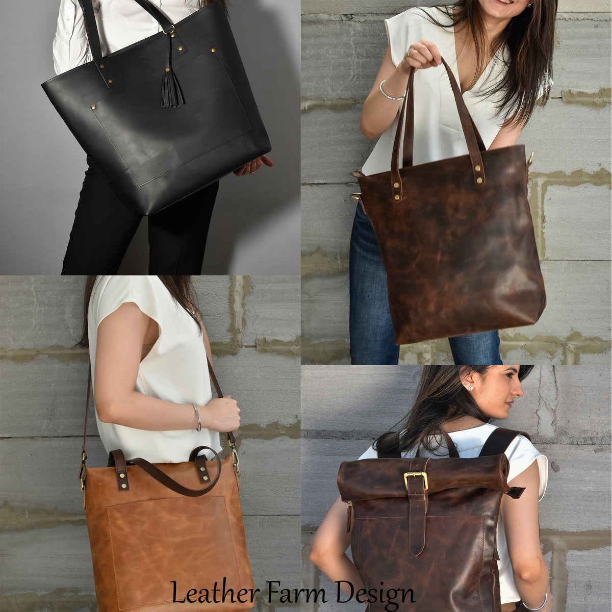May include: A collage of leather bags in various styles and colors. Includes a large black tote bag, a brown tote bag, a tan shoulder bag, and a brown backpack with a roll-top closure. All bags have brass hardware.