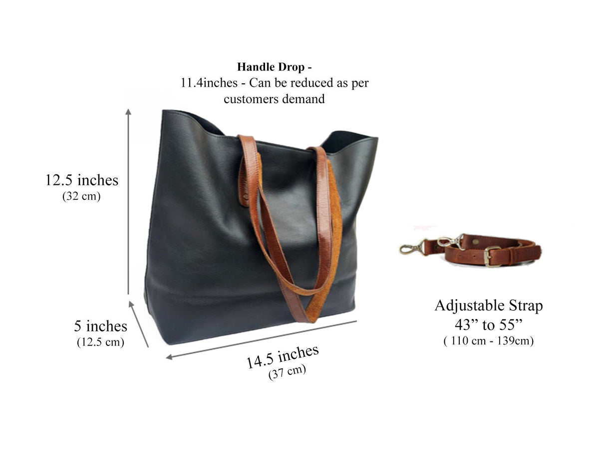 May include: Black leather tote bag with brown leather handles and an adjustable strap. The bag measures 12.5 inches tall, 14.5 inches wide, and 5 inches deep. The handle drop is 11.4 inches and can be reduced as per customer demand. The adjustable strap is 43 inches to 55 inches long.