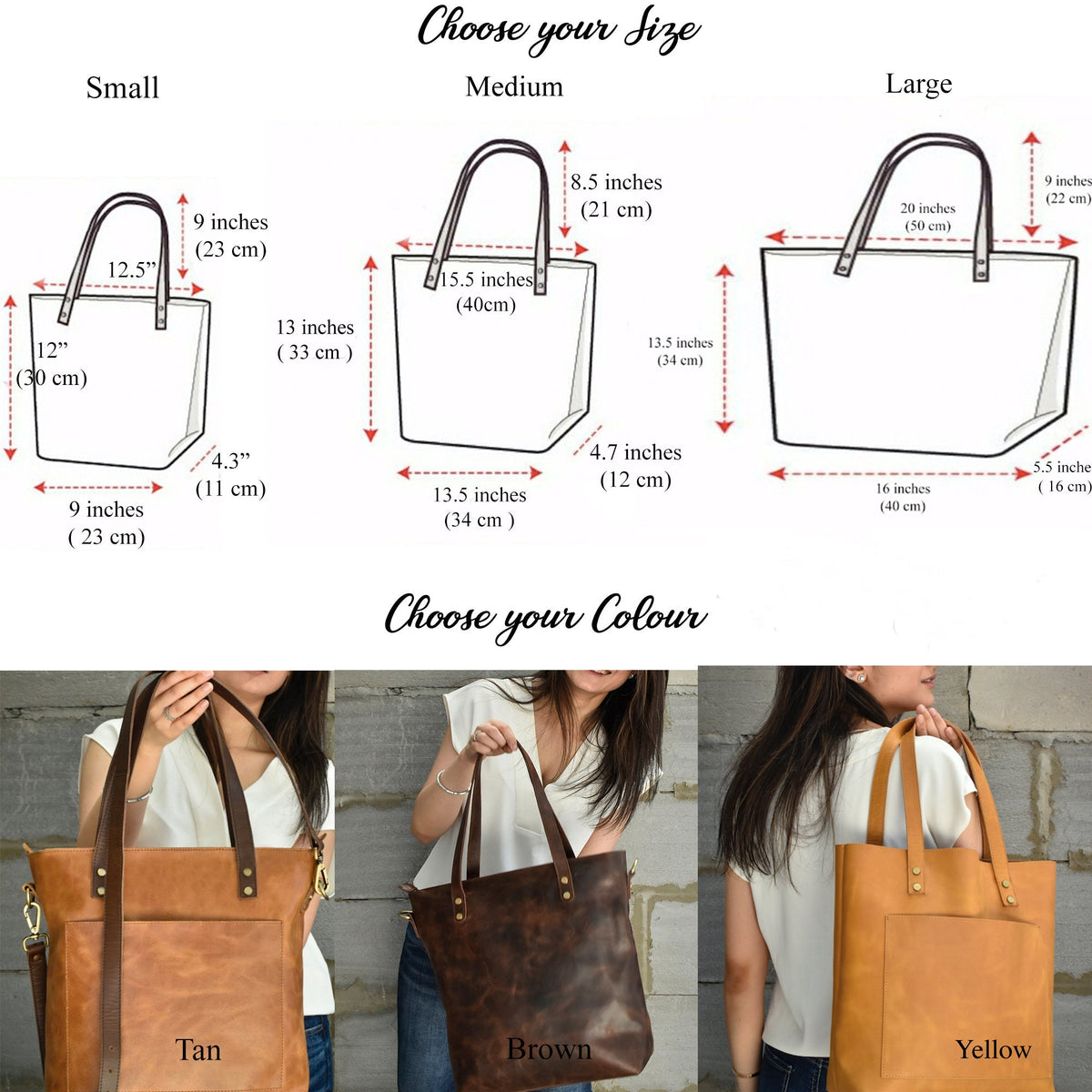 May include: A guide to choosing the size and color of a leather tote bag. The image shows three sizes of the bag: small, medium, and large. The bag is available in three colors: tan, brown, and yellow.