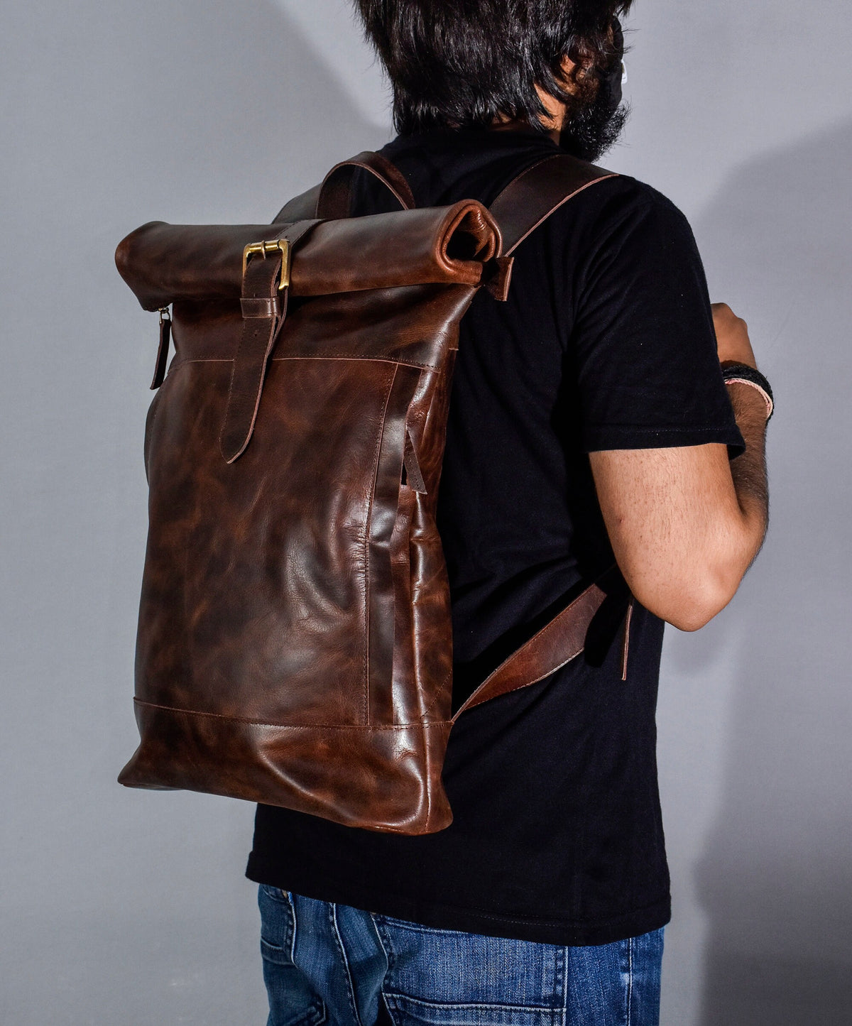 Leather rolltop backpack women men leather backpack large leather rucksack handmade laptop backpack gift for her gift for him brown 17" inch image 4