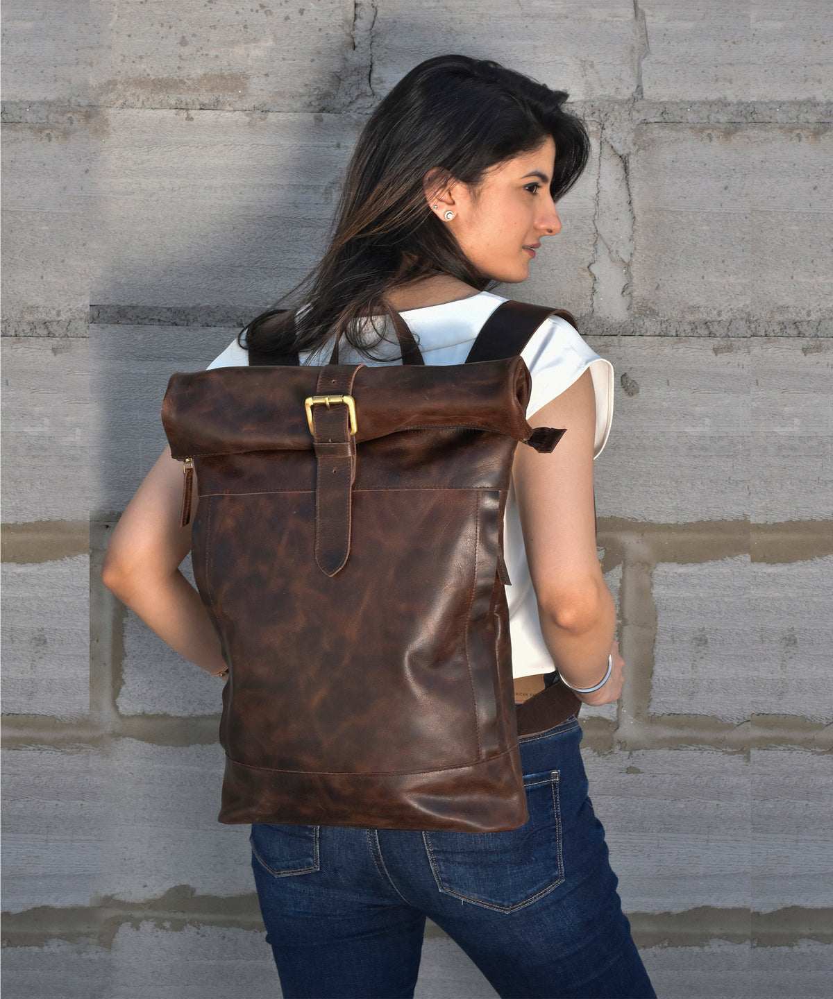 Leather rolltop backpack women men leather backpack large leather rucksack handmade laptop backpack gift for her gift for him brown 17" inch image 1