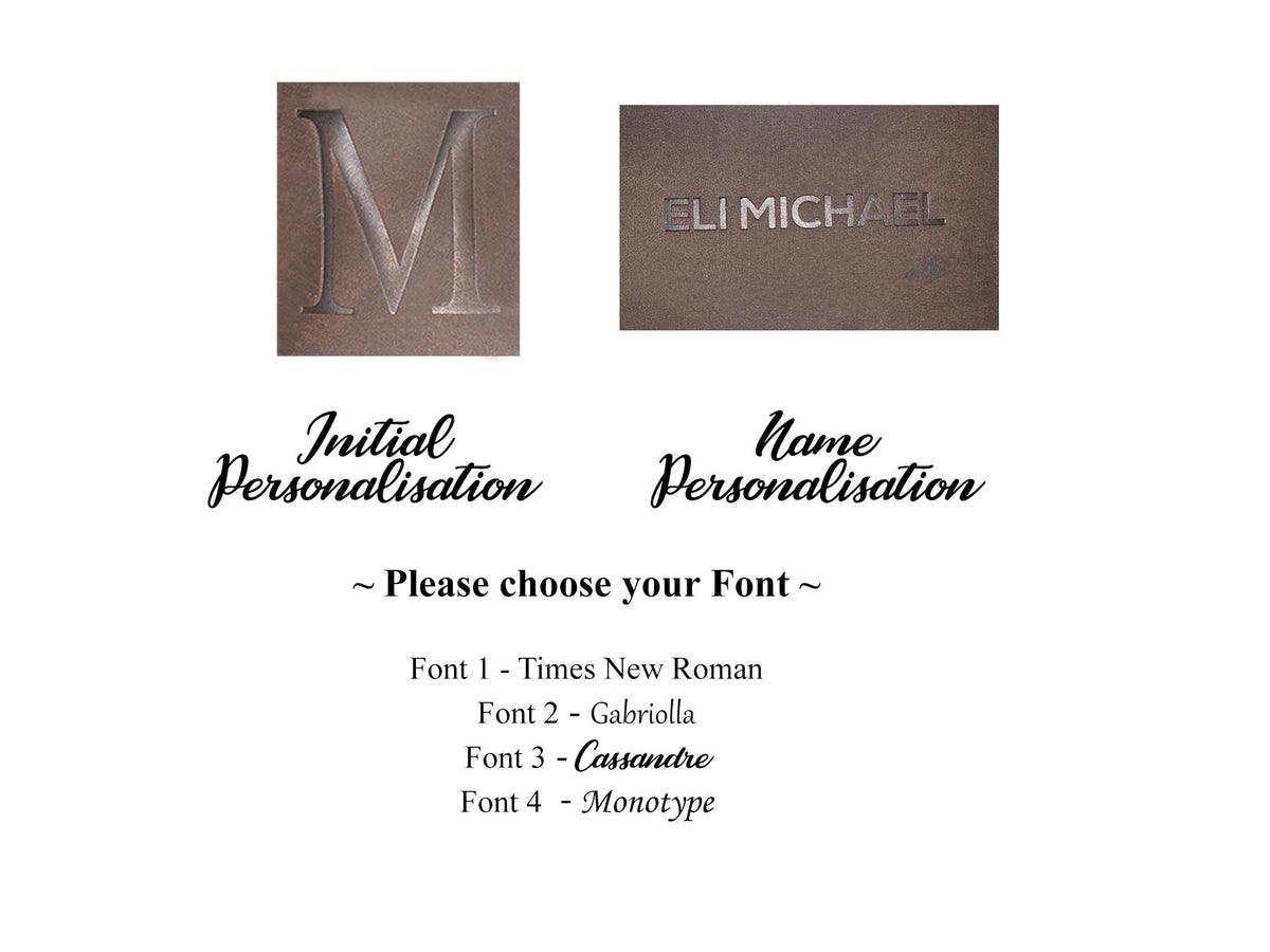 May include: A brown wooden sign with the text "ELI MICHAEL" in white lettering. Below the sign is a smaller brown wooden sign with the letter "M" in white lettering. The text "Initial Personalisation" is below the "M" sign. The text "Name Personalisation" is below the "ELI MICHAEL" sign. The text "~ Please choose your Font ~" is below the two signs. The text "Font 1 - Times New Roman", "Font 2 - Gabriolla", "Font 3 - Cassandre", and "Font 4 - Monotype" is below the text "~ Please choose your Font ~".