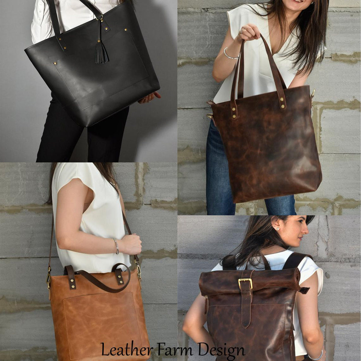 May include: Four different styles of leather tote bags. The bags are brown, black, and tan. The bags have a variety of straps and buckles. Leather Farm Design is printed on the bottom of the image.