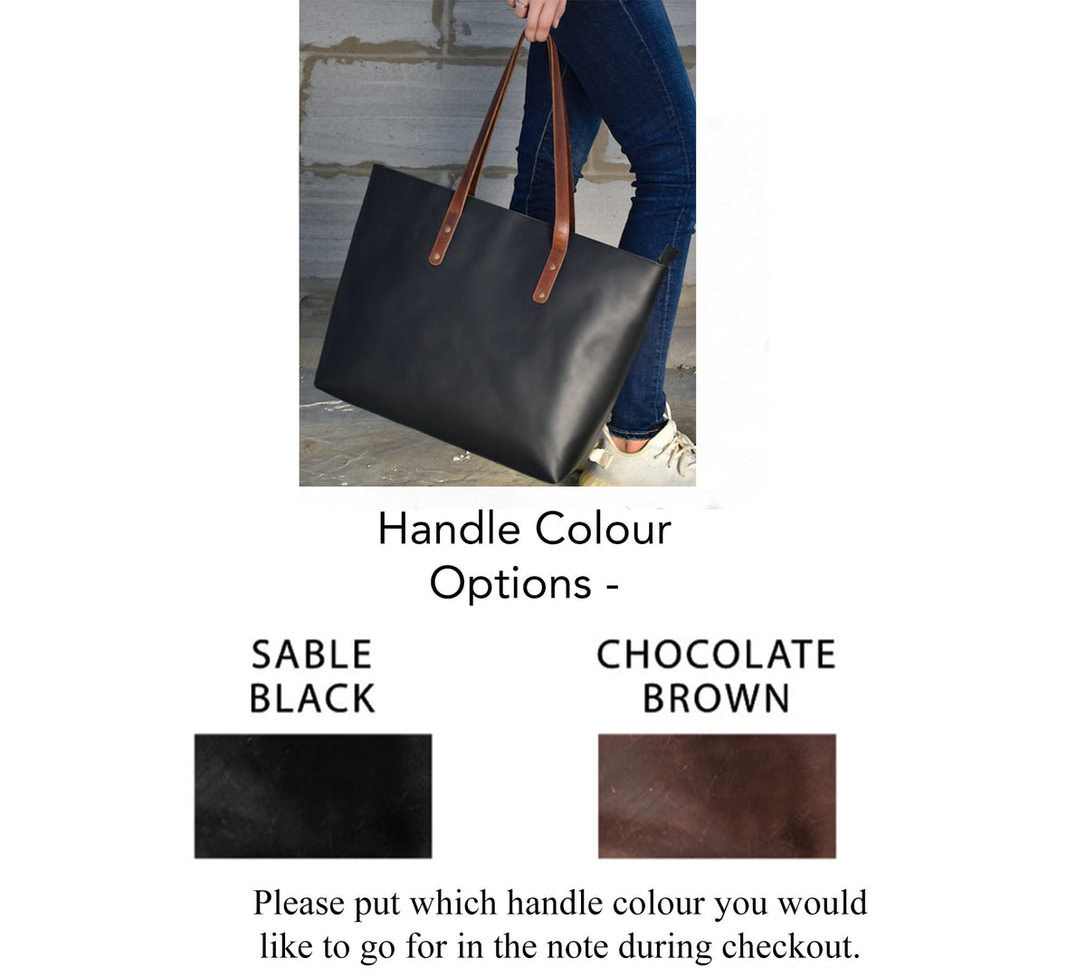 May include: A black leather tote bag with brown leather handles. The bag is shown with two handle color options: sable black and chocolate brown.