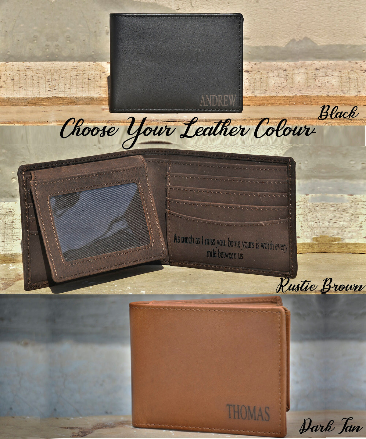 May include: Three leather wallets in black, rustic brown, and dark tan. The wallets are closed and have a personalized name on the front. The text "Choose Your Leather Colour" is written above the wallets.