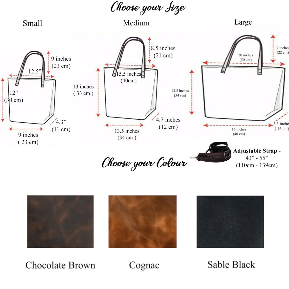 May include: Diagram of tote bags in three sizes: small (12" high, 9" wide, 4.3" deep), medium (13.5" high, 13.5" wide, 4.7" deep), and large (20" wide, 13.5" high, 5.5" deep). Colors: chocolate brown, cognac, and sable black.
