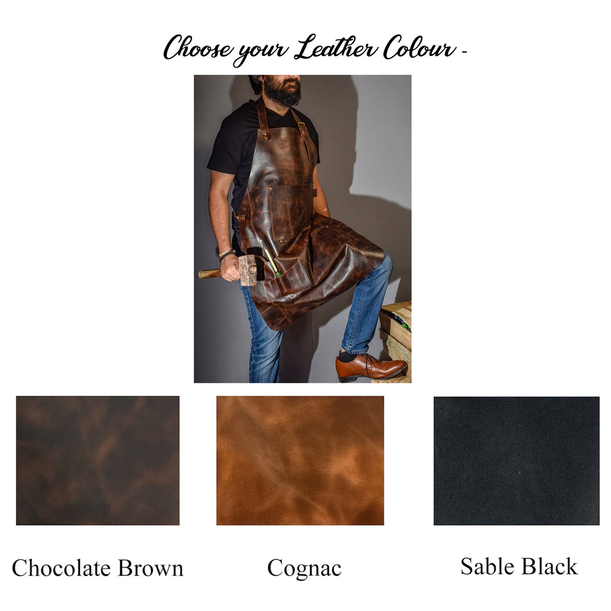 May include: A leather apron in three different colors: chocolate brown, cognac, and sable black. Choose your leather color.