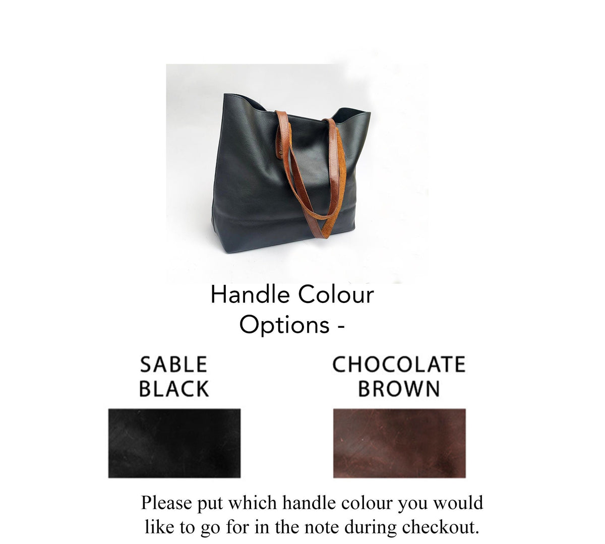 May include: A black leather tote bag with brown leather handles. The handles are available in two colors: sable black and chocolate brown. "Handle Colour Options - Sable Black, Chocolate Brown. Please put which handle colour you would like to go for in the note during checkout."