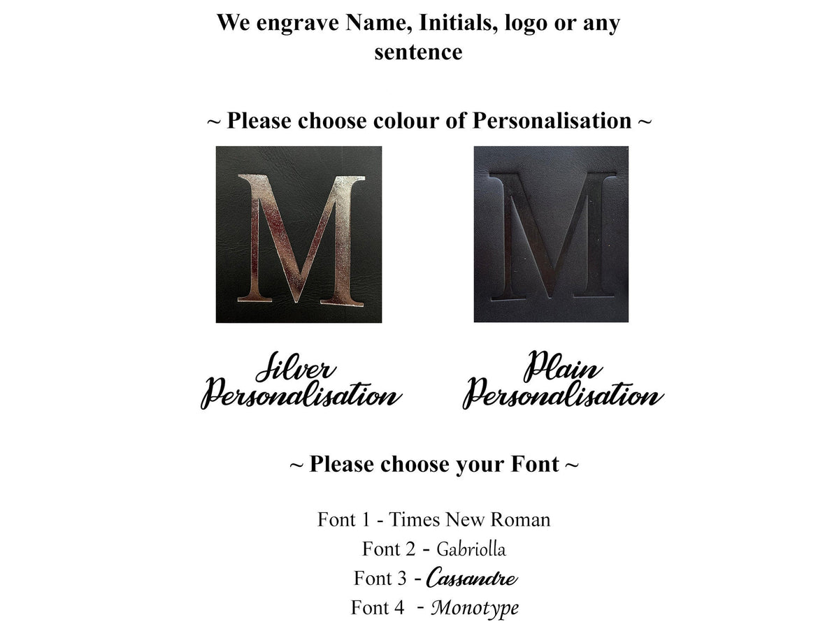 May include: Two images showing the personalization options for a product. The first image shows a silver "M" on a black background with the text "Silver Personalisation". The second image shows a plain black "M" on a black background with the text "Plain Personalisation". Below the images is a list of font options: Font 1 - Times New Roman, Font 2 - Gabriolla, Font 3 - Cassandre, Font 4 - Monotype.