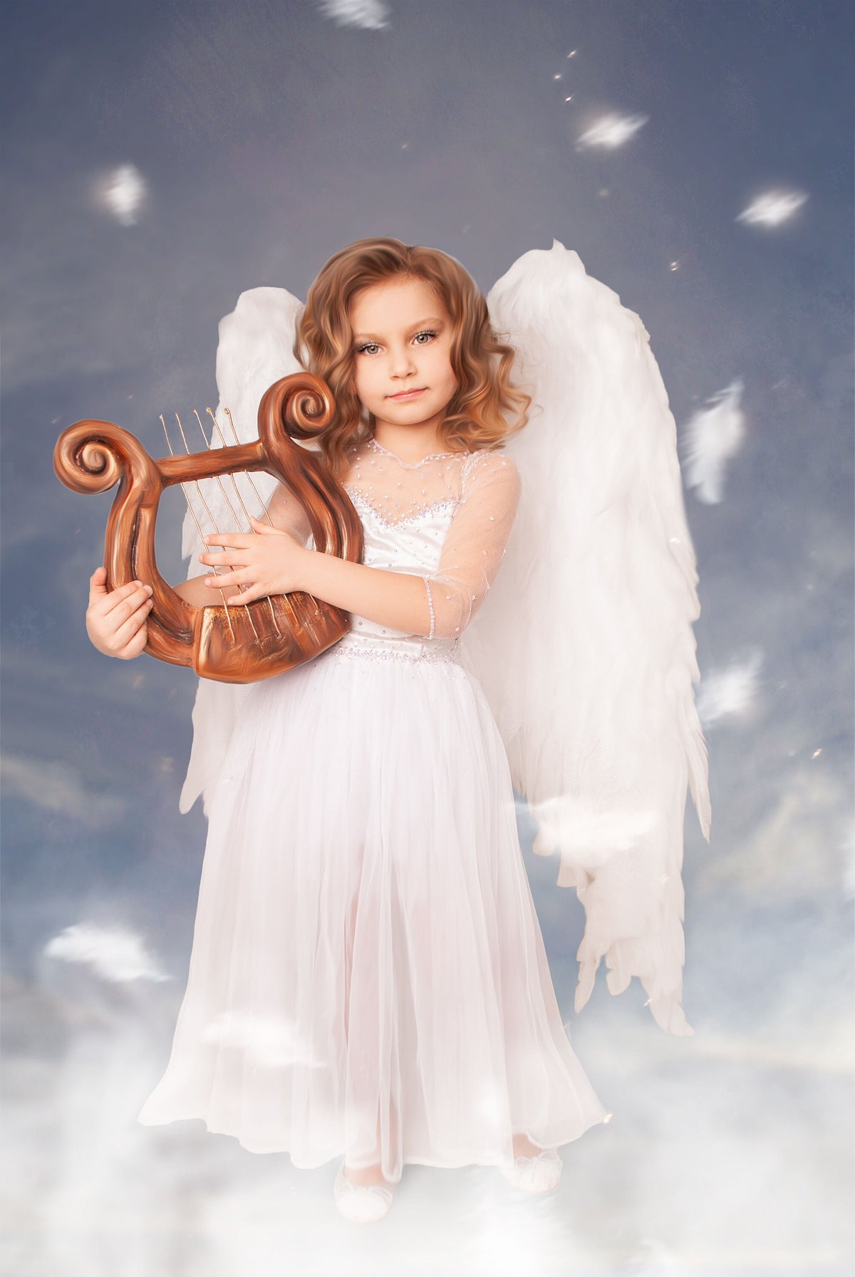 May include: A young girl dressed as an angel, wearing a white dress and large feathered wings. She holds a bronze-colored lyre. The background is a cloudy sky with soft lighting.