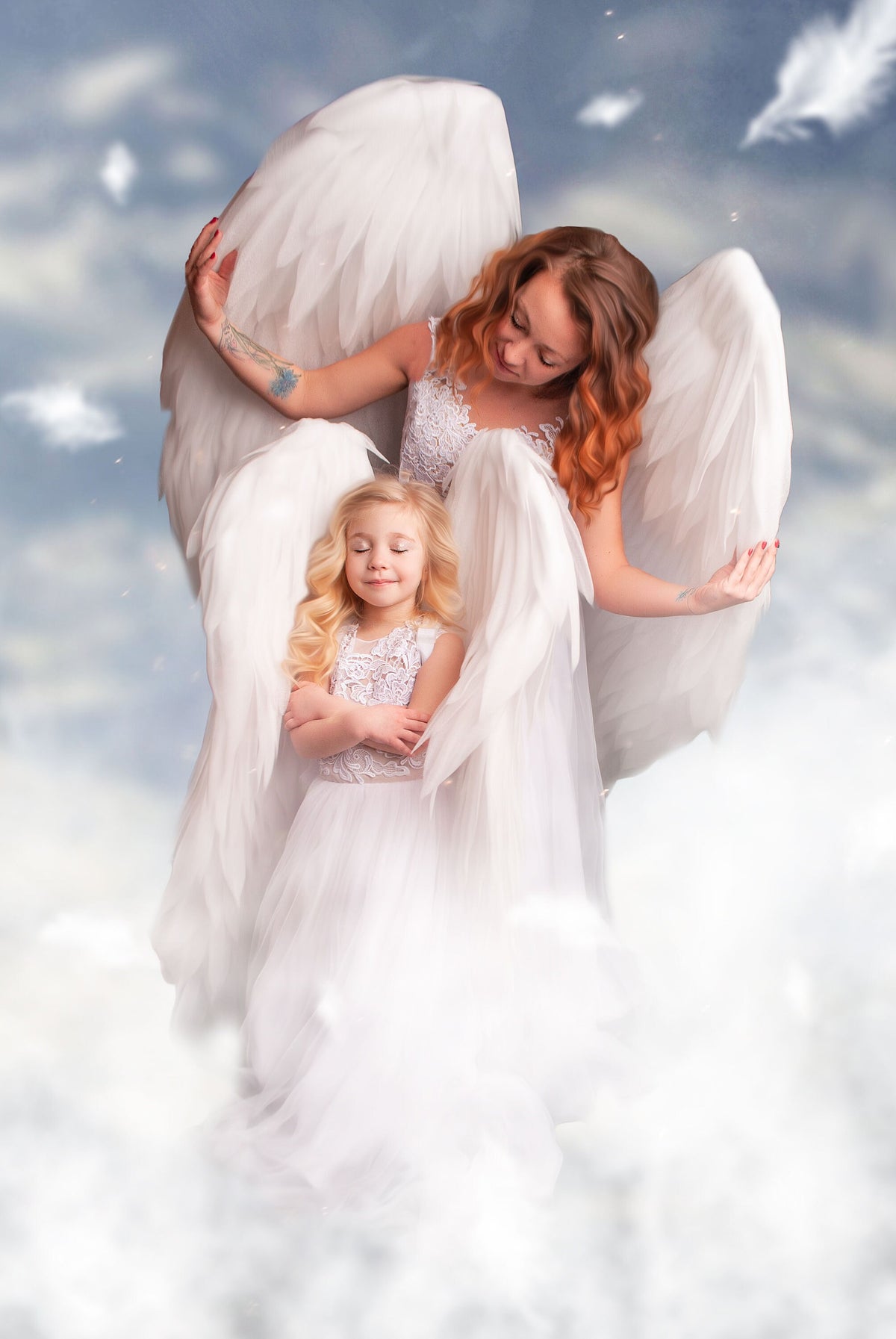 May include: A digitally enhanced image of two figures with large white feathered wings, set against a cloudy sky. One figure, an adult, embraces a child, both wearing white dresses. The scene evokes a sense of protection and serenity.