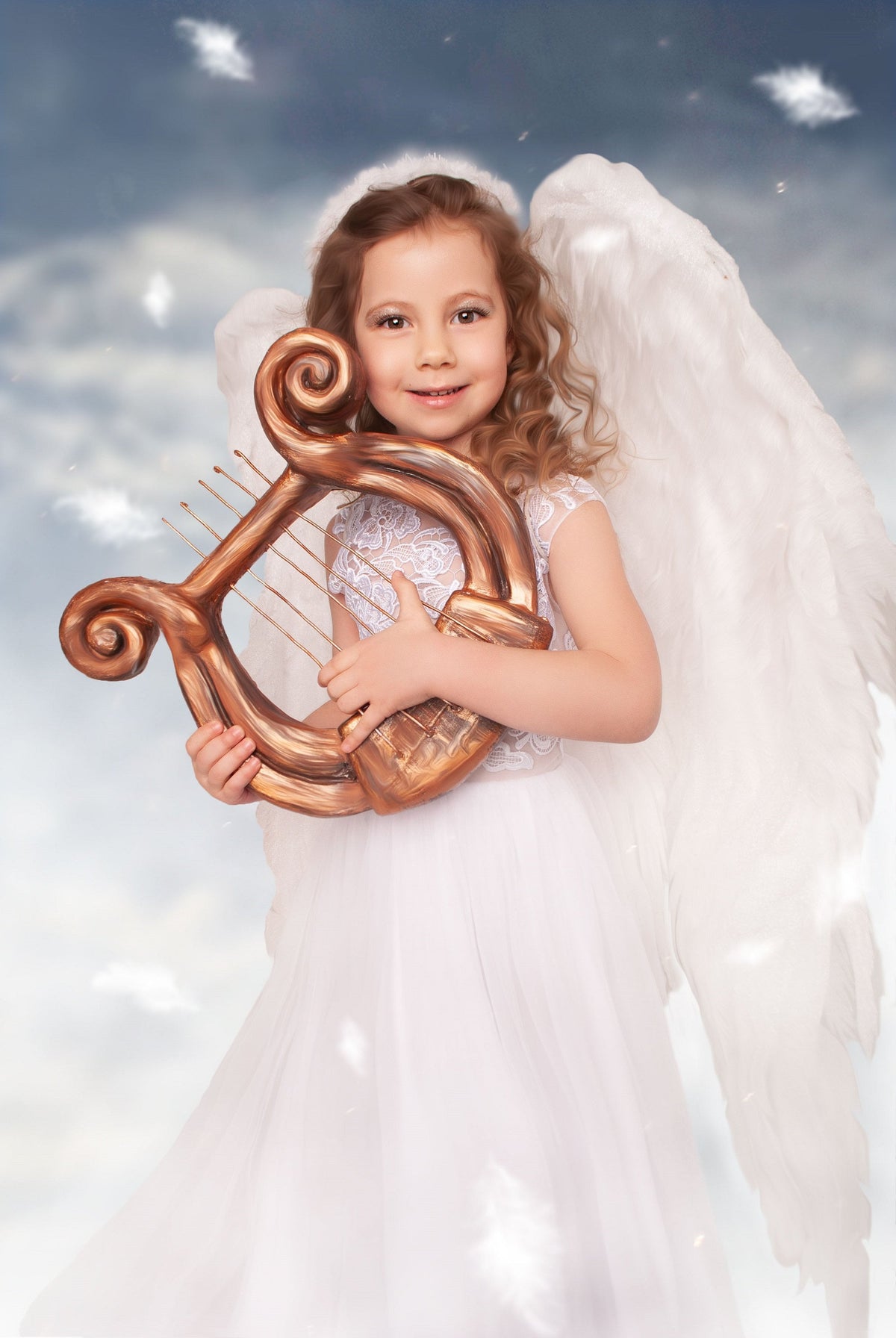 May include: A young girl dressed as an angel with white wings holds a golden lyre. She is wearing a white dress with lace detailing and a white headband. The background is a light blue sky with white clouds.