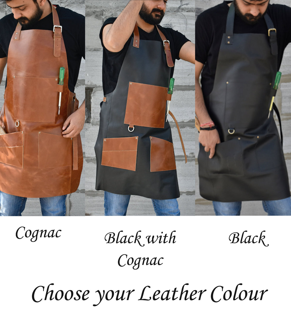 May include: Three leather aprons in different colors: cognac, black with cognac accents, and black. The aprons have multiple pockets and a tool loop. Choose your leather color.