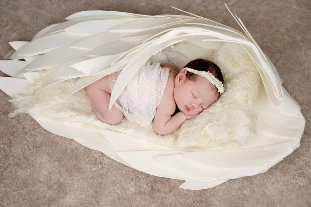May include: A newborn baby sleeping peacefully in a white, feathery nest. The baby is wearing a white, lacy dress and a white headband.