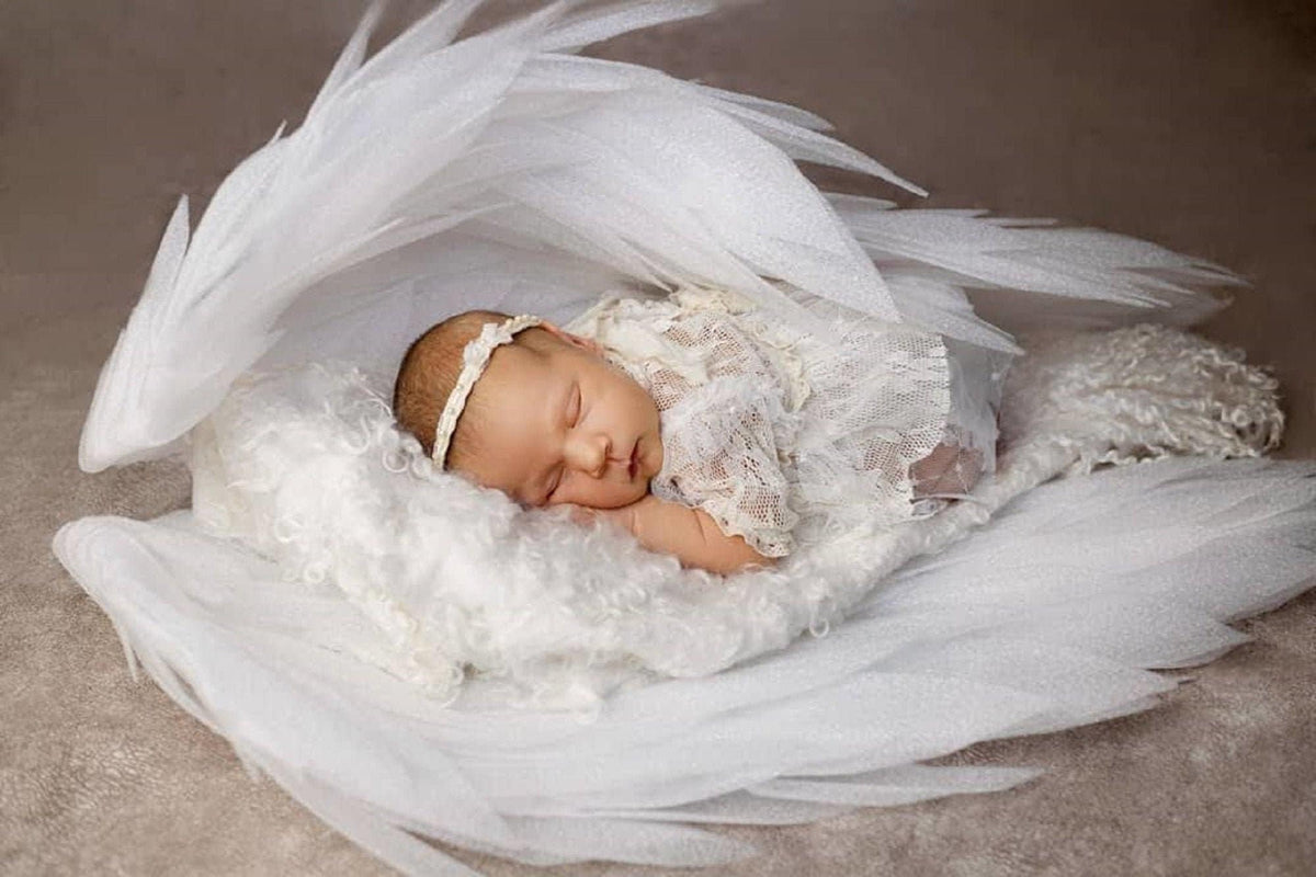 May include: A newborn baby sleeping peacefully in a white, fluffy nest with large, white angel wings surrounding them. The baby is wearing a white lace dress and a white headband.