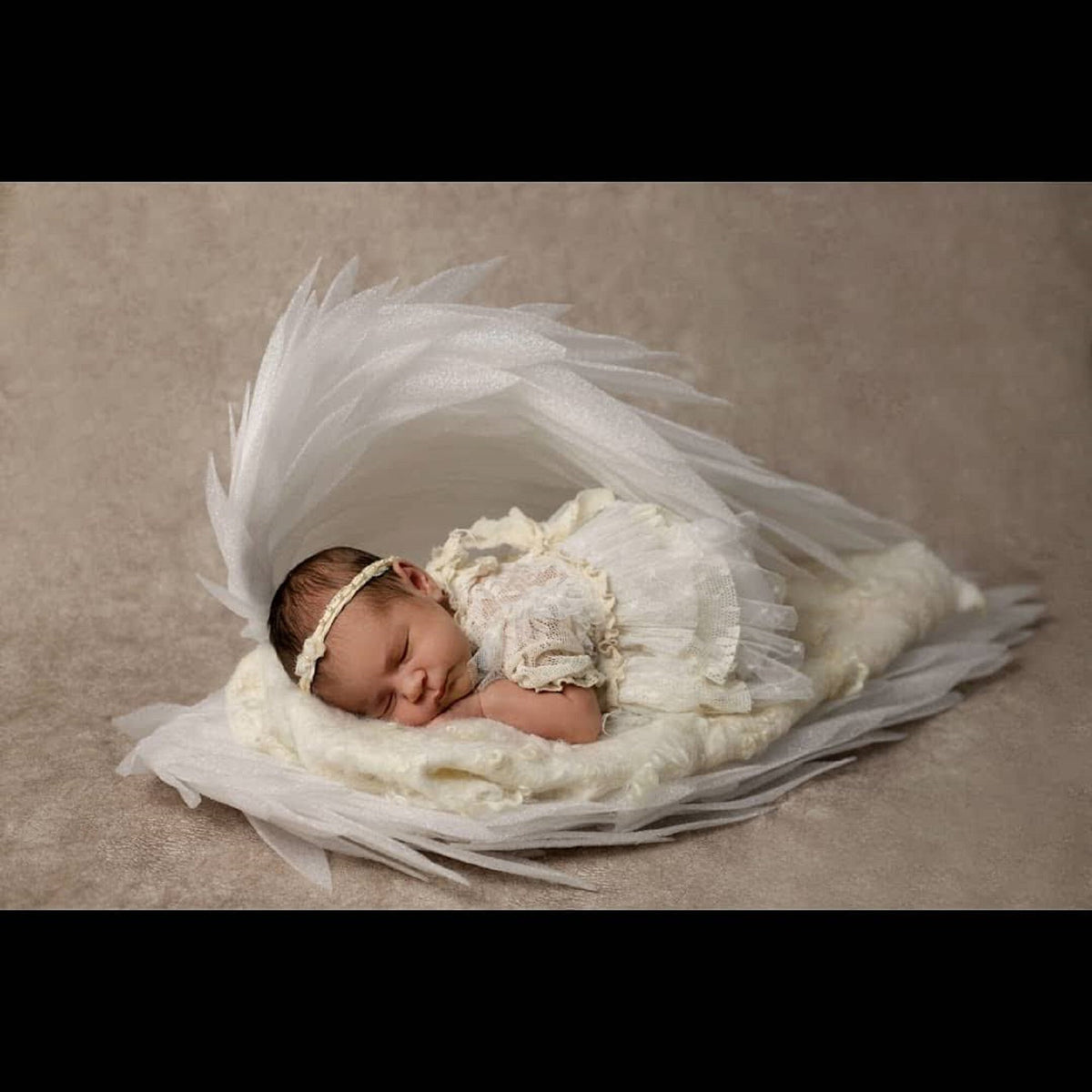 May include: A newborn baby wearing a white lace dress and a headband sleeps peacefully inside a white feathery angel wing prop.