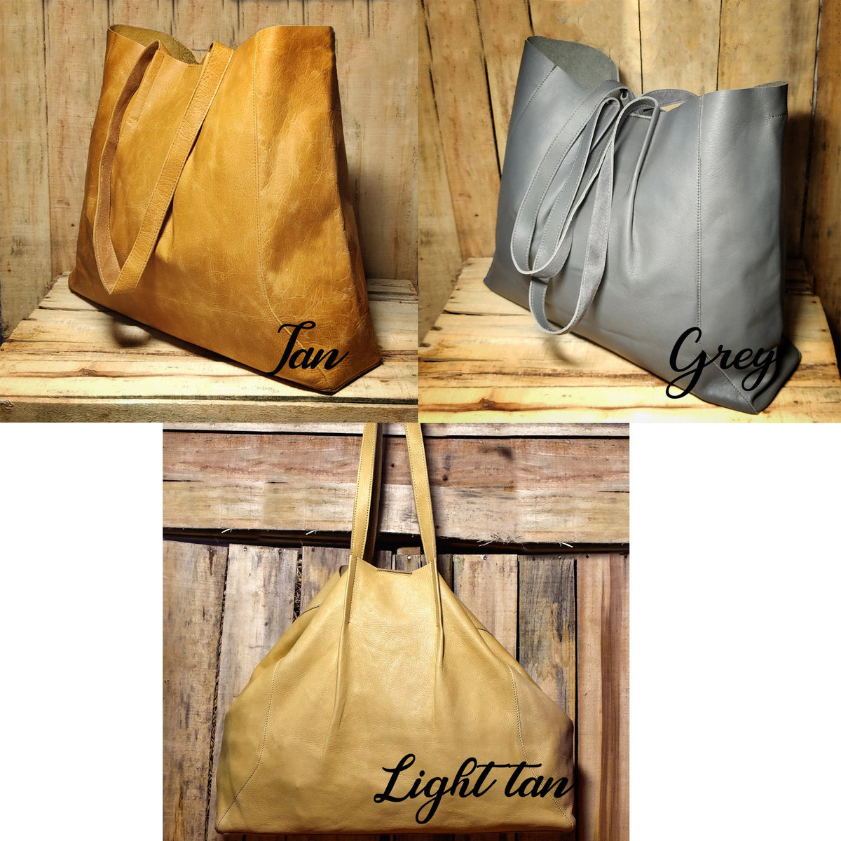 May include: Three leather tote bags in different colors: tan, light tan, and gray. The bags are all made of the same type of leather and have a similar design. The bags are all sitting on a wooden surface.