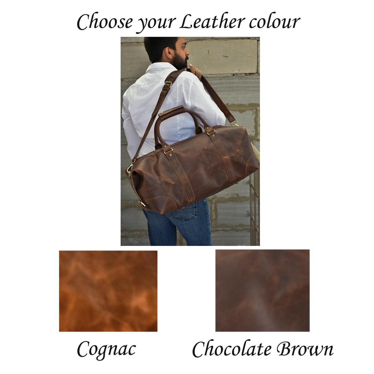 May include: A brown leather duffel bag with a shoulder strap. The bag is shown in two different shades of brown: Cognac and Chocolate Brown.