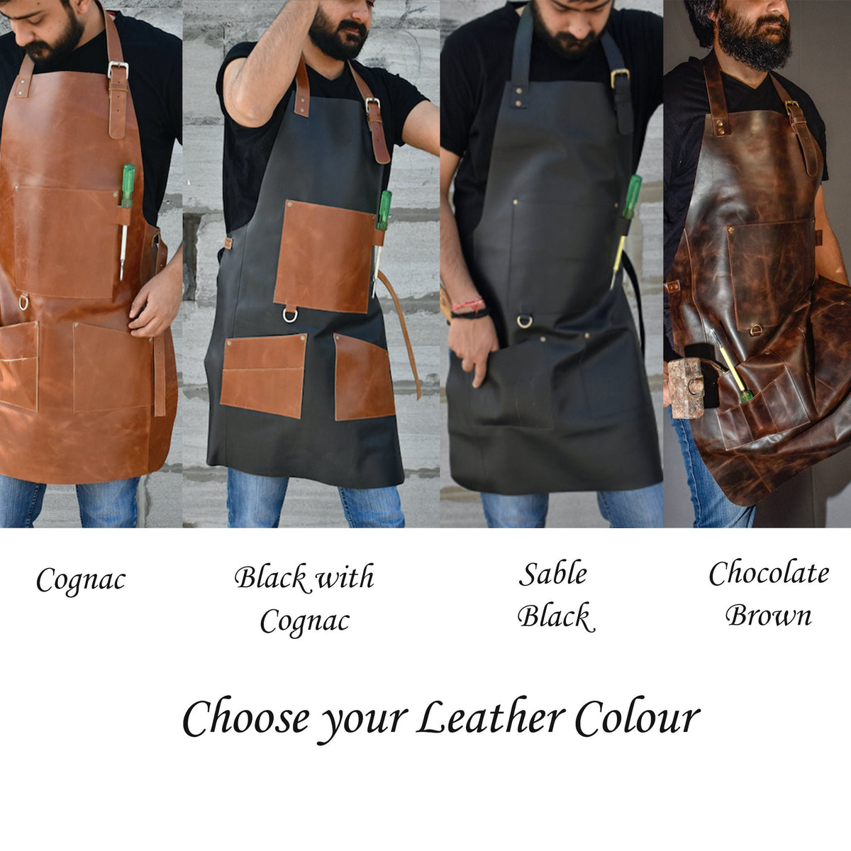 May include: Four leather aprons in different colors: cognac, black with cognac, sable black, and chocolate brown.  Choose your leather color.