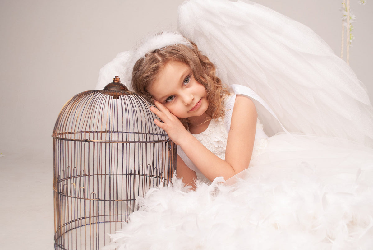 May include: A white feathered angel costume featuring large wings and a matching headband, worn with a white dress with floral detailing. Beside the costume is a tall, dome-shaped metal birdcage with a dark bronze finish and a small finial top.