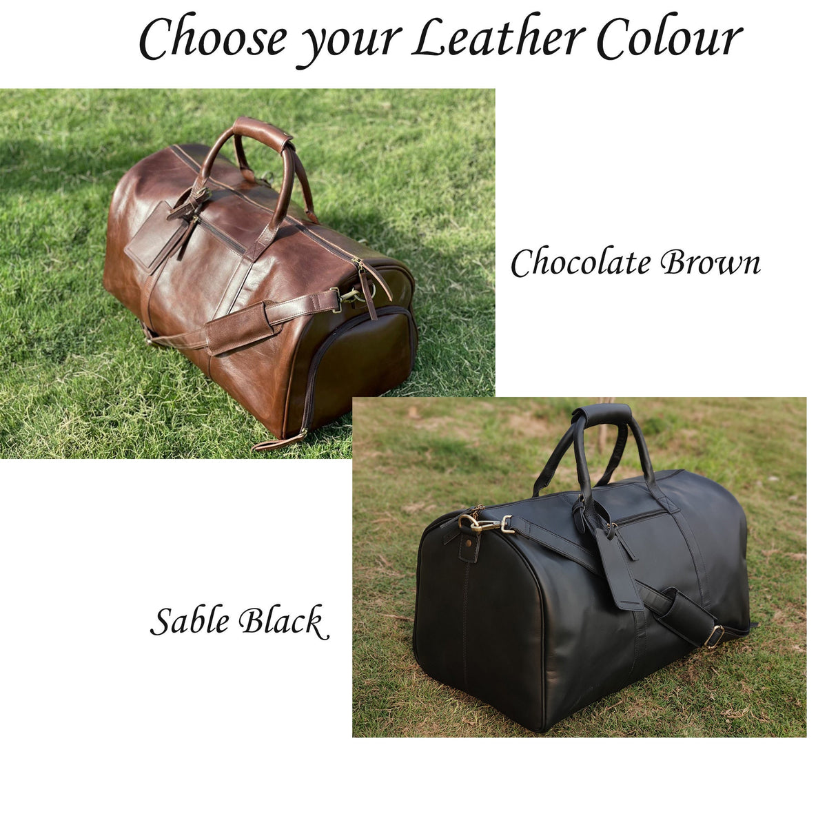 May include: Two leather travel bags, one brown and one black. The brown bag is labeled "Chocolate Brown" and the black bag is labeled "Sable Black".