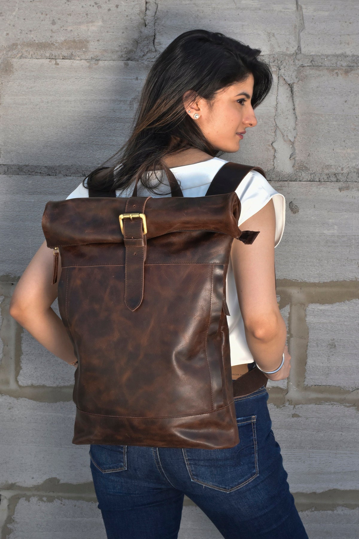 Black leather backpack men computer roll top backpack college bags travel rucksack 15 inch laptop bag 17" leather gifts for him personalized image 3